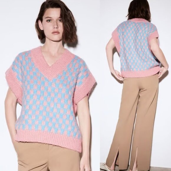 Zara Pink Blue Wool Blend Knit Vest V-neckline Checkerboard S Preppy Classic - Picture 3 of 15